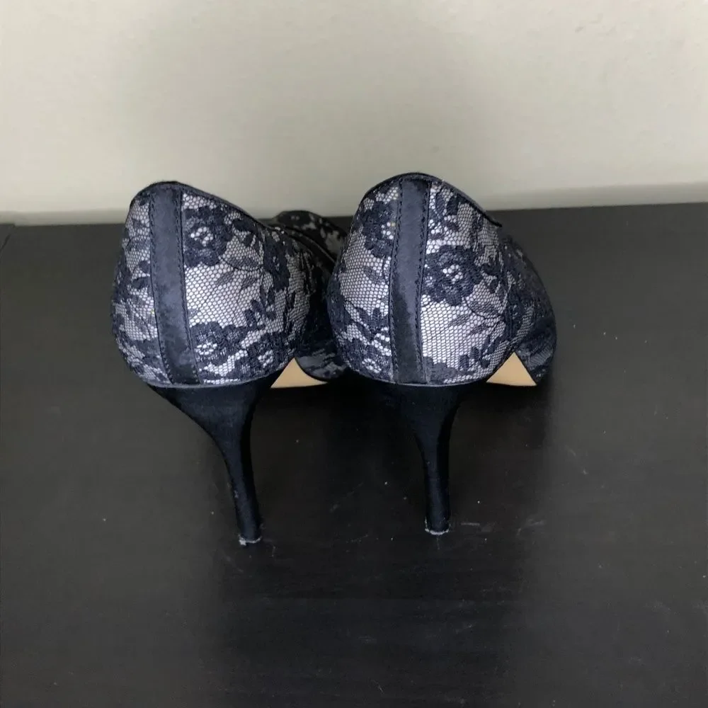 Joey Shoes Black Lace 4 1/2" Peep Toe Heels 10M - Picture 3 of 4